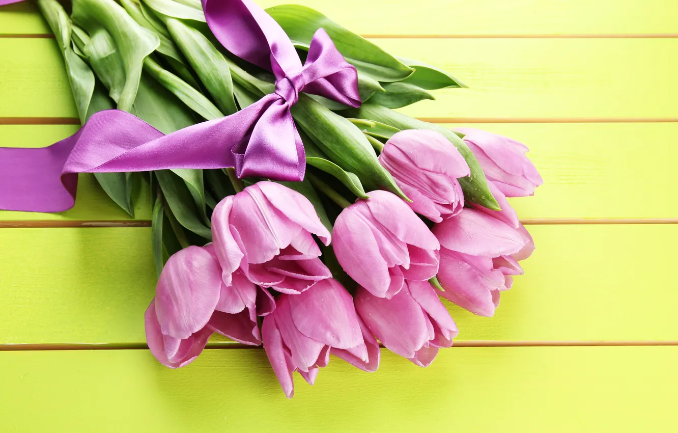 Photo wallpaper flowers, bouquet, tape, tulips, pink, wood, pink, flowers