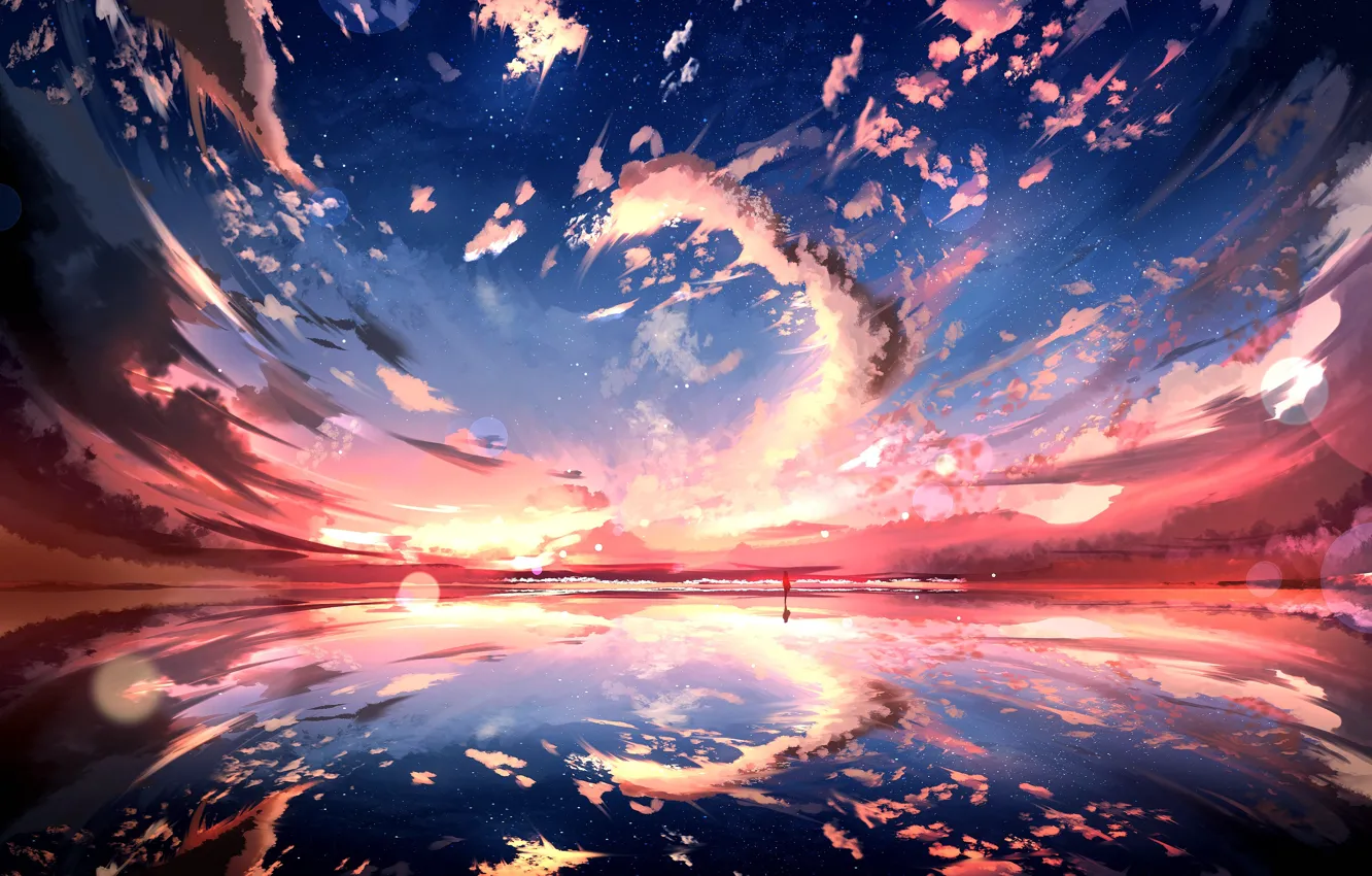 Photo wallpaper water, girl, sunset