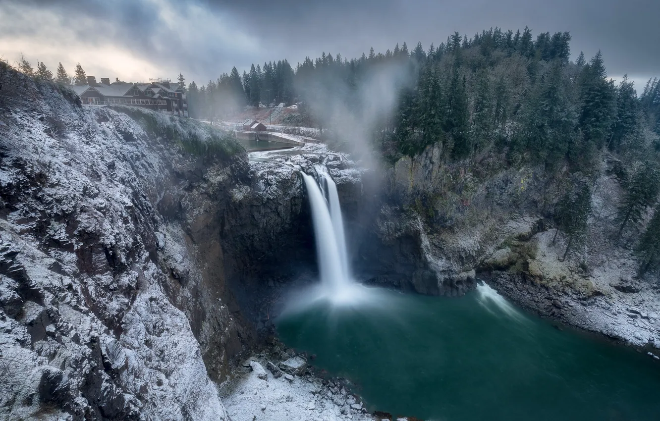 Photo wallpaper winter, forest, house, rocks, waterfall, stream, USA