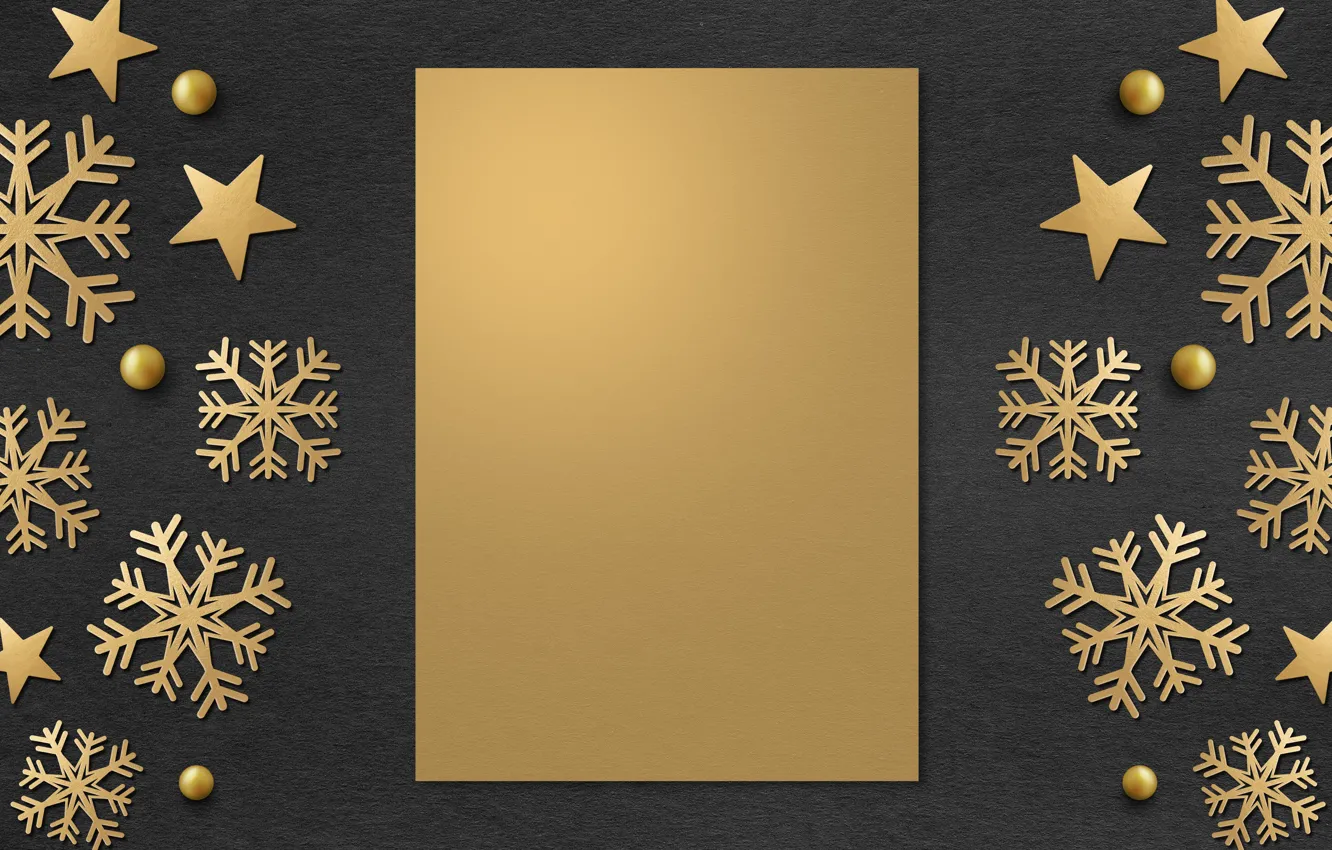 Photo wallpaper winter, snowflakes, frame, golden, black background, black, Christmas, winter