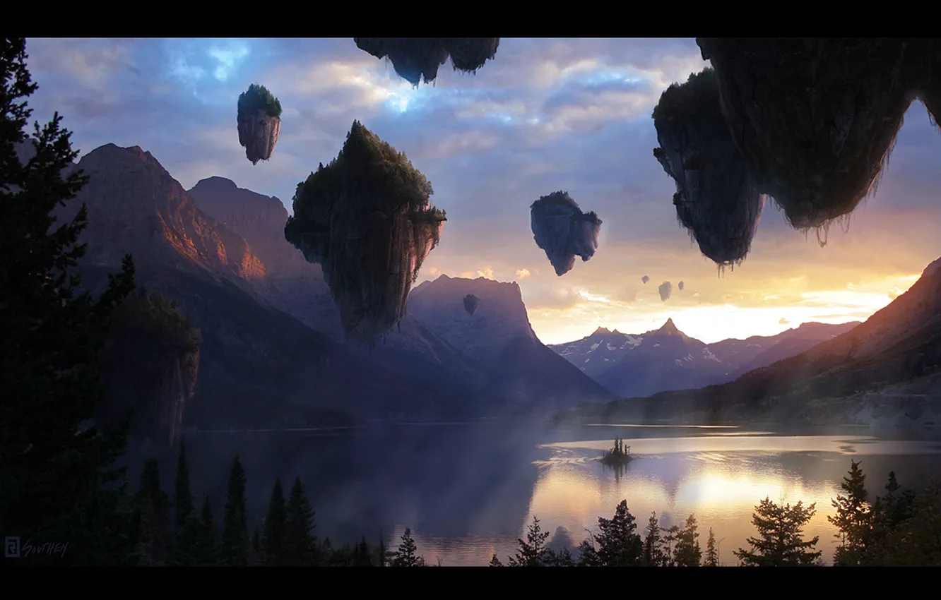 Photo wallpaper landscape, sunset, mountains, nature, lake, fiction, the evening, avatar