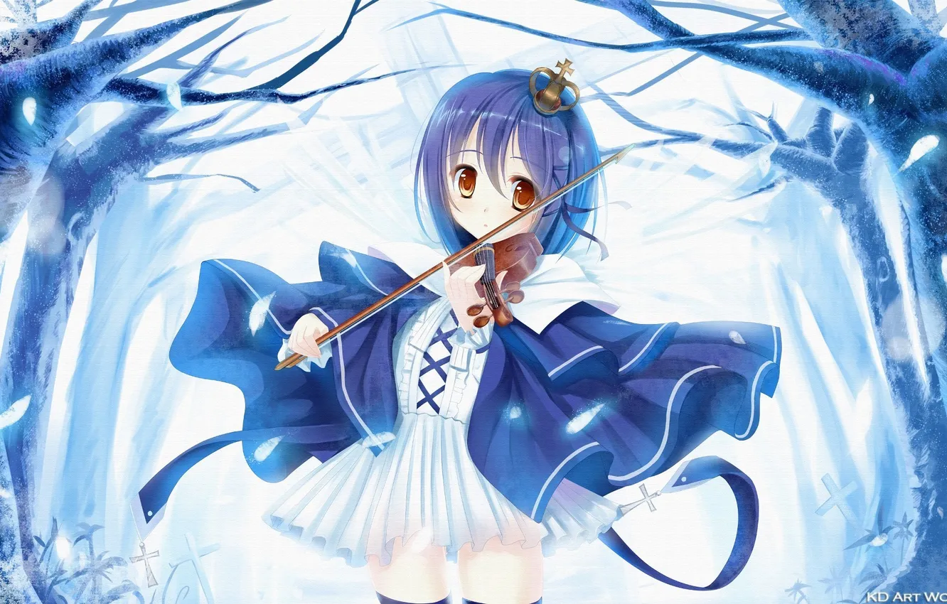 Photo wallpaper girl, trees, violin, anime, crown, petals, art, schoolgirl