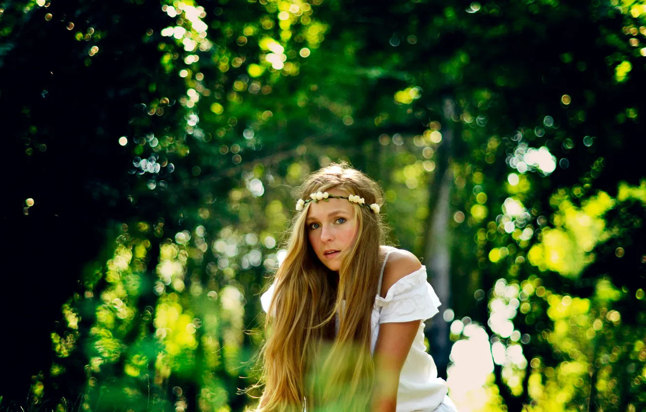 Photo wallpaper greens, look, girl, trees, blonde, wreath, long-haired
