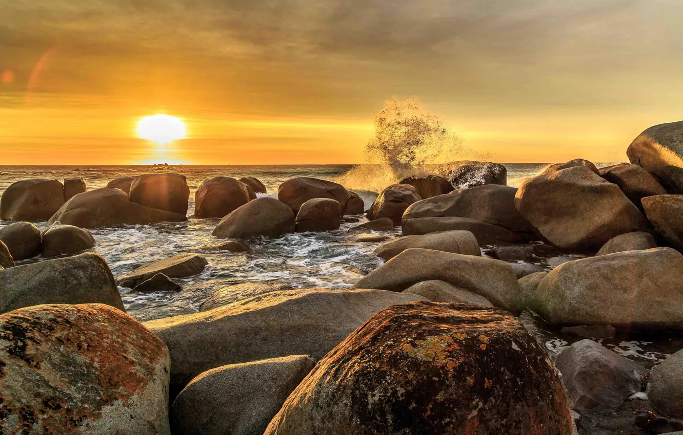 Photo wallpaper sand, wave, beach, stones, shore, surf, rasvet