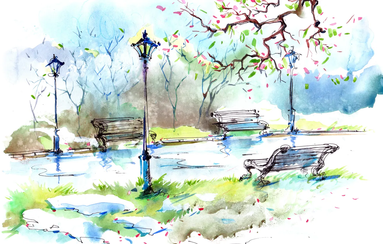 Photo wallpaper leaves, trees, Park, street, shop, lights, track, painting