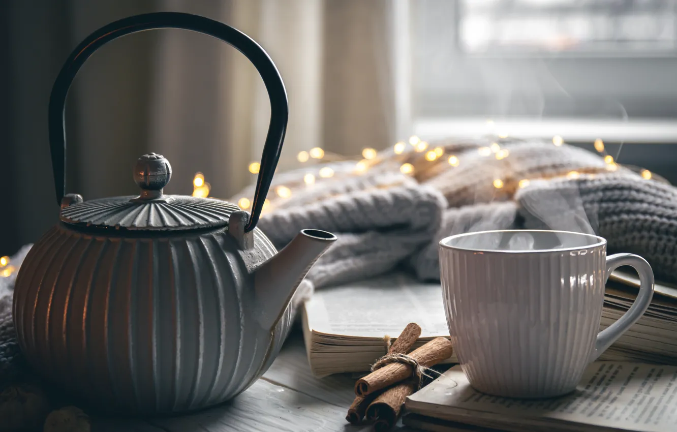 Photo wallpaper light, comfort, table, grey, tea, lights, kettle, window