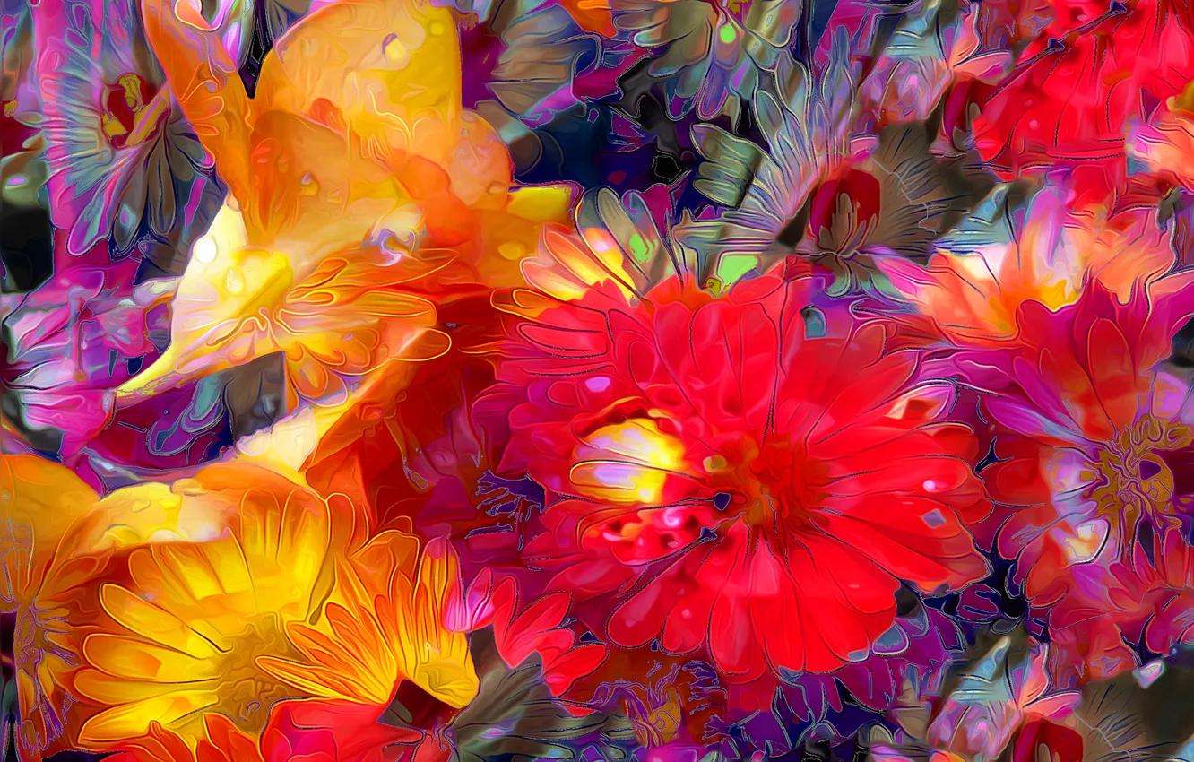 Photo wallpaper drops, line, flowers, rendering, paint, petals