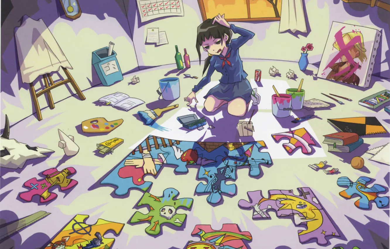 Photo wallpaper paint, watch, skull, window, girl, bucket, book, palette