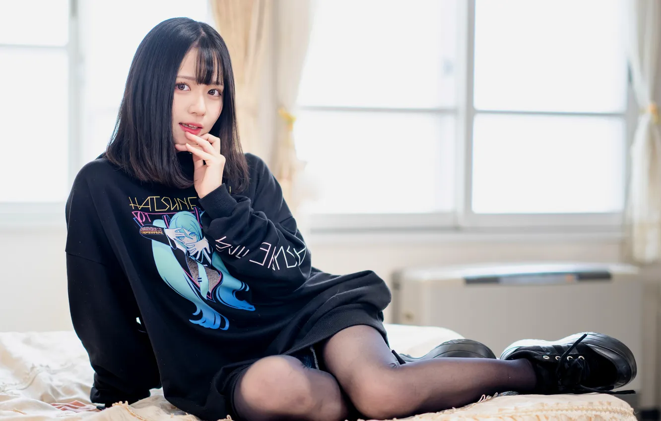 Photo wallpaper brunette, girl, tights, jacket, legs, Asian
