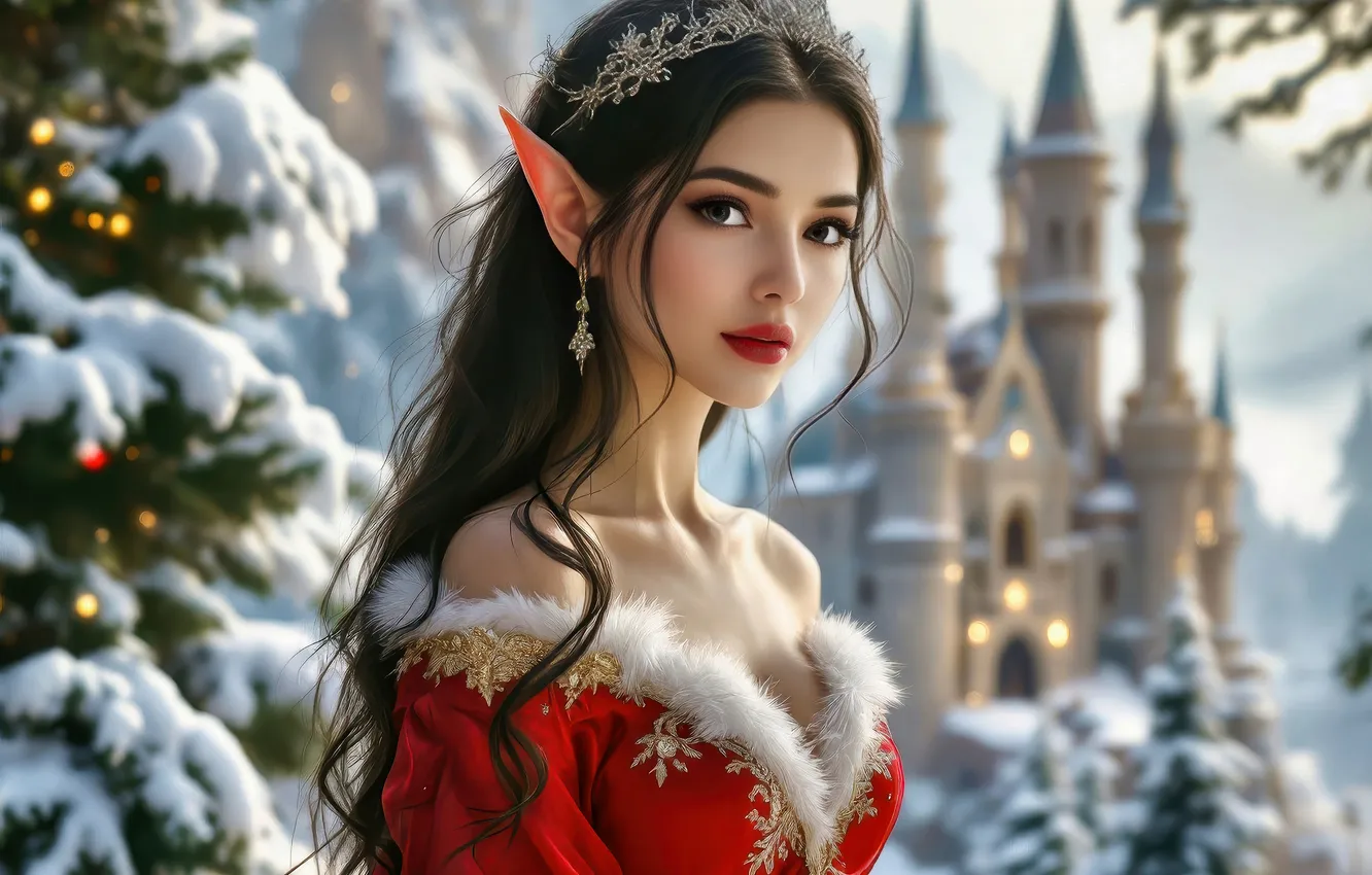 Photo wallpaper winter, frost, chest, girl, snow, decoration, lights, castle