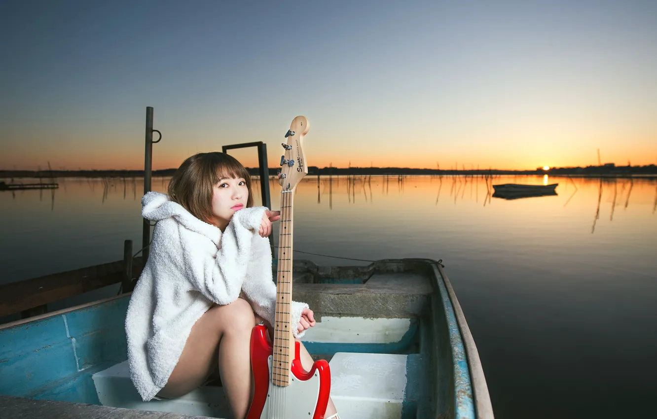 Photo wallpaper girl, sunset, music, boat, guitar