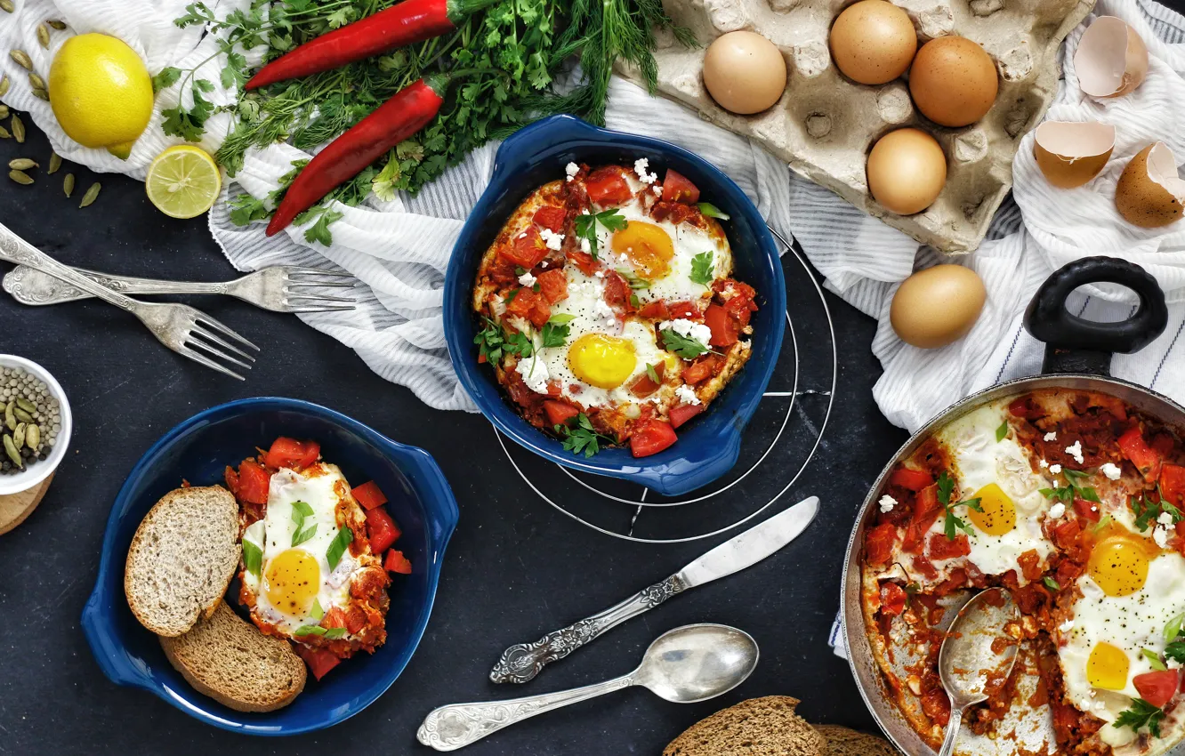 Photo wallpaper food, eggs, pepper, scrambled eggs, tomatoes
