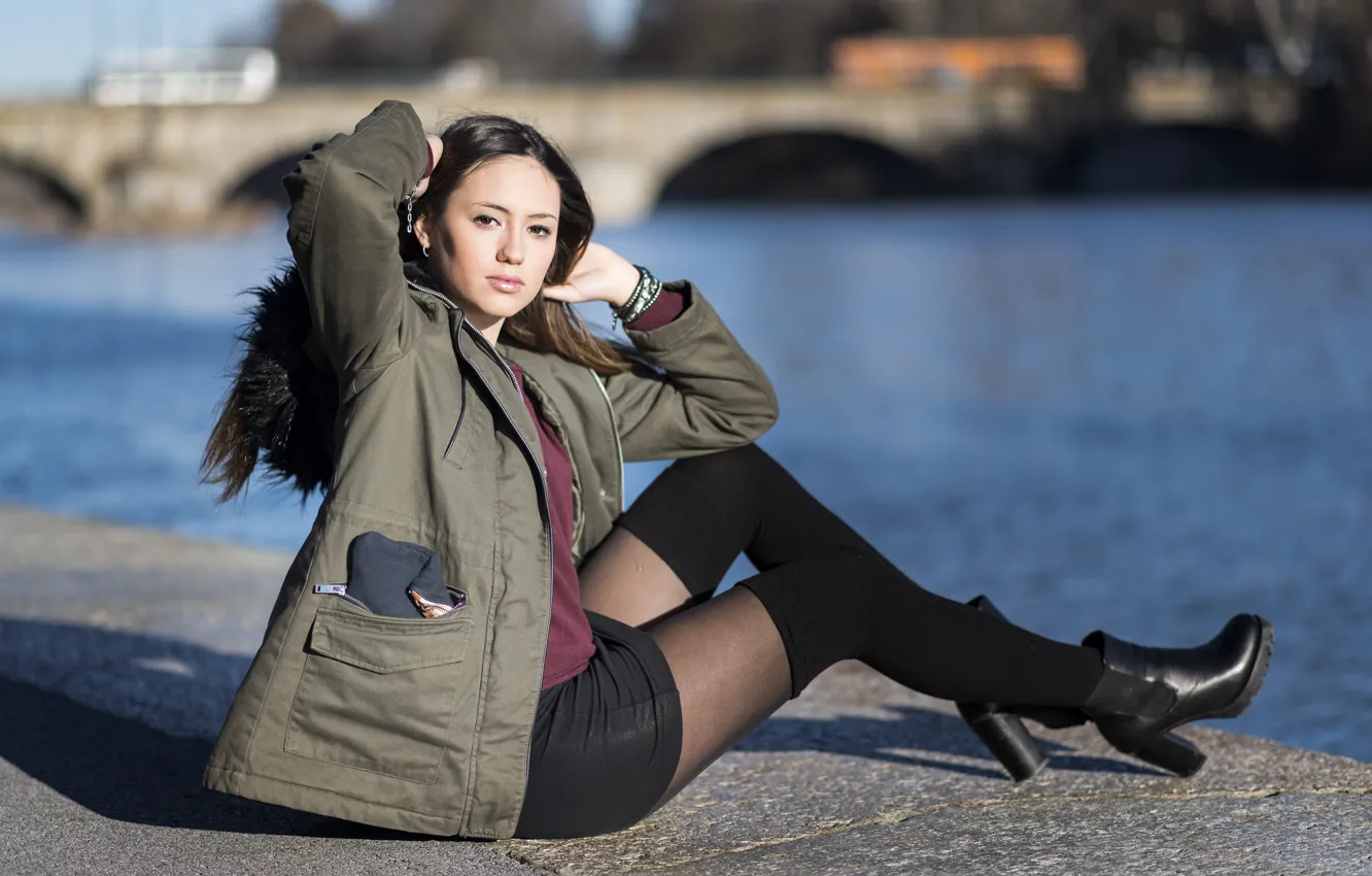 Photo wallpaper look, model, hair, skirt, hands, jacket, legs, sitting