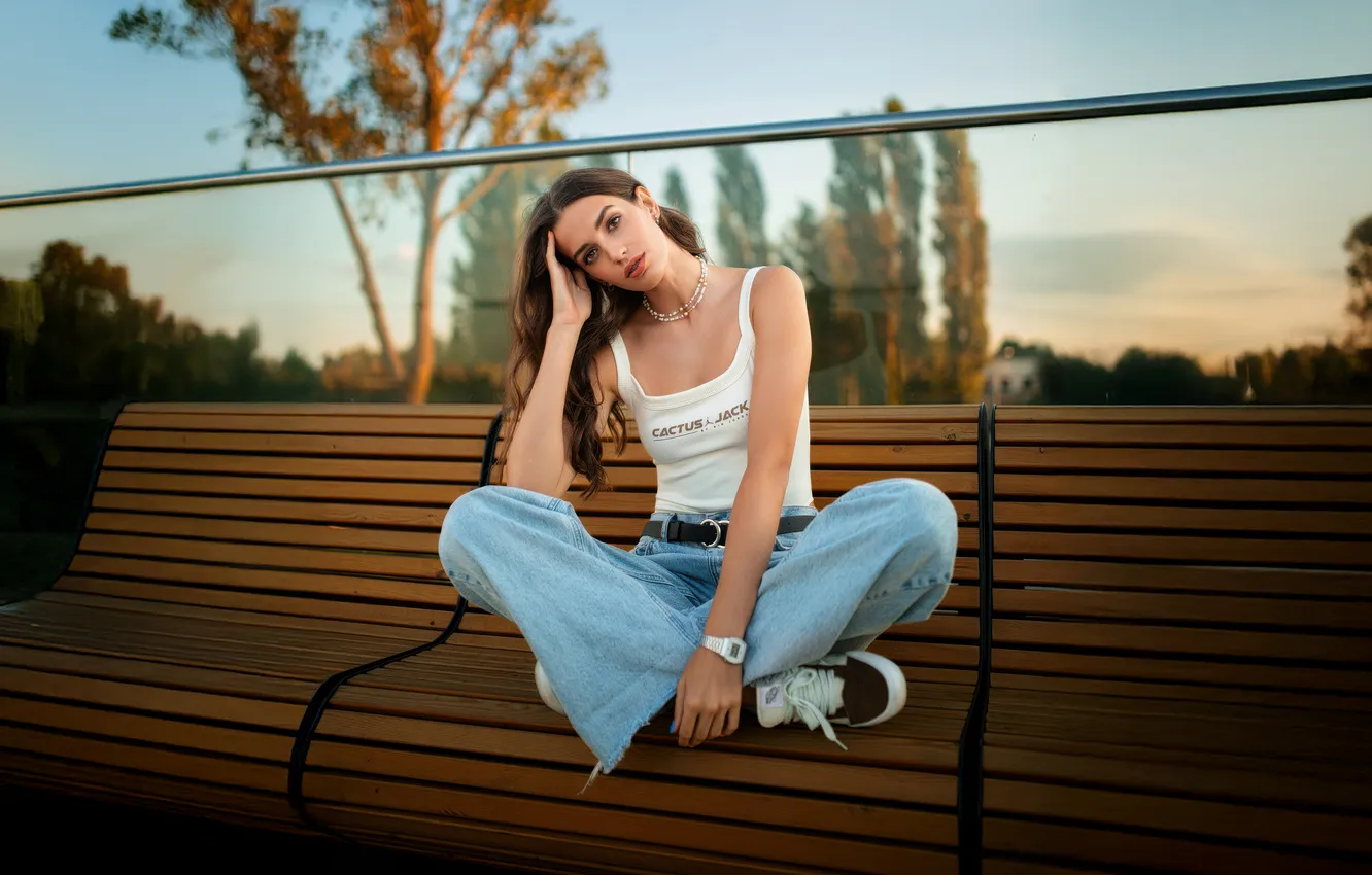 Photo wallpaper girl, outdoor, sunight, hand in hairs