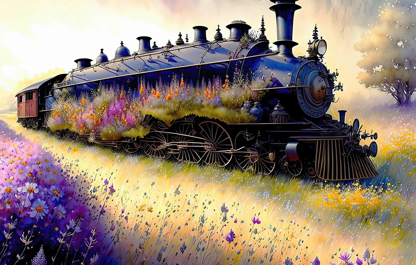 Photo wallpaper field, summer, landscape, flowers, nature, fantasy, graphics, train