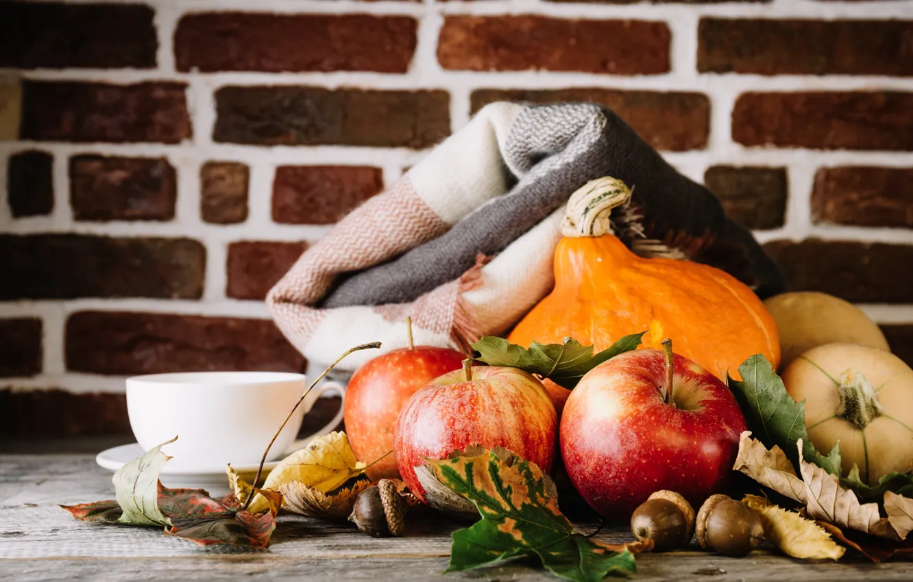 Photo wallpaper autumn, leaves, apples, pumpkin, autumn fruits