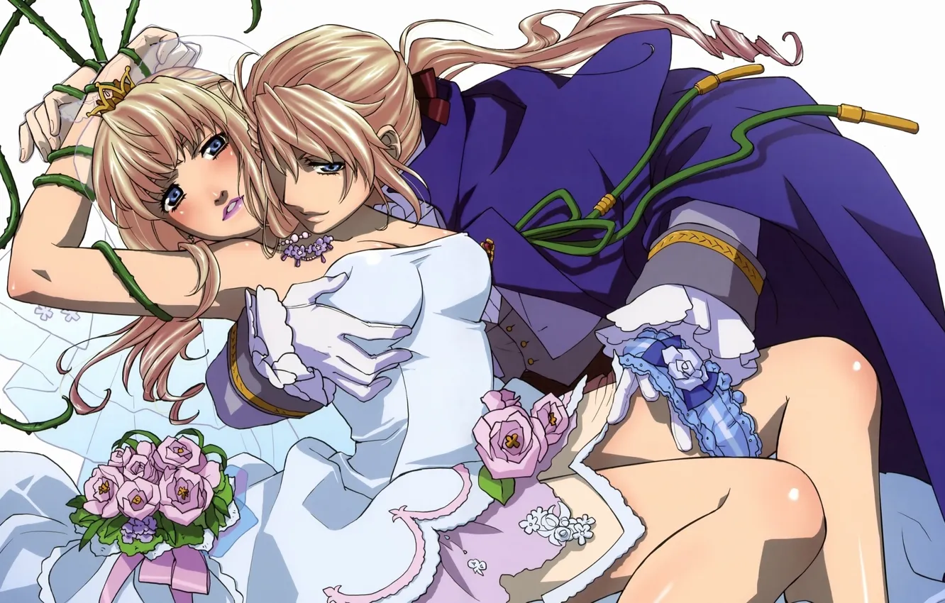 Photo wallpaper cloak, flirting, knees, garter, wedding dress, temptation, Macross Frontier, the bride's bouquet