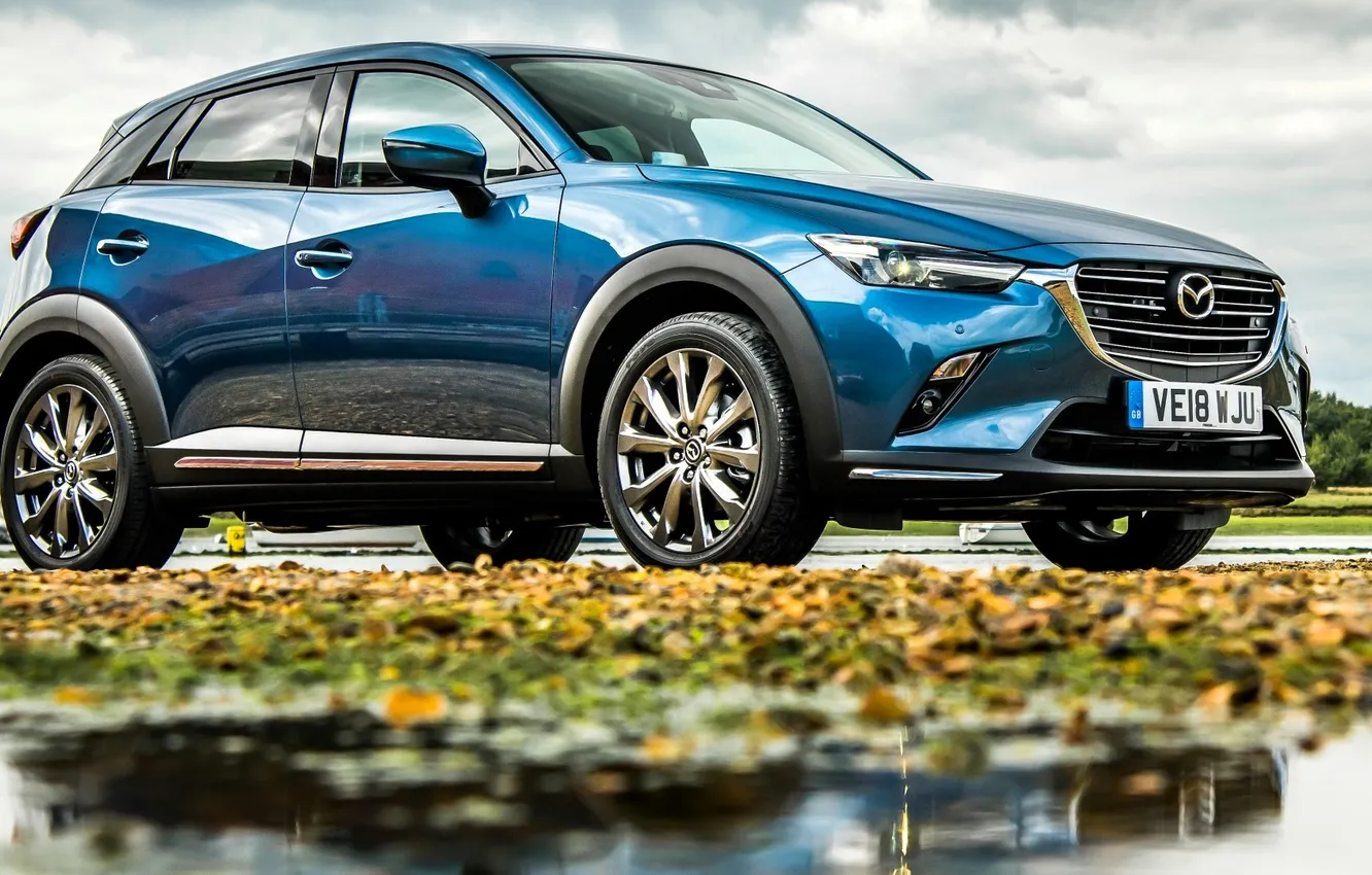 Photo wallpaper leaves, blue, Park, puddle, Mazda, CX-3, Mazda CX-3