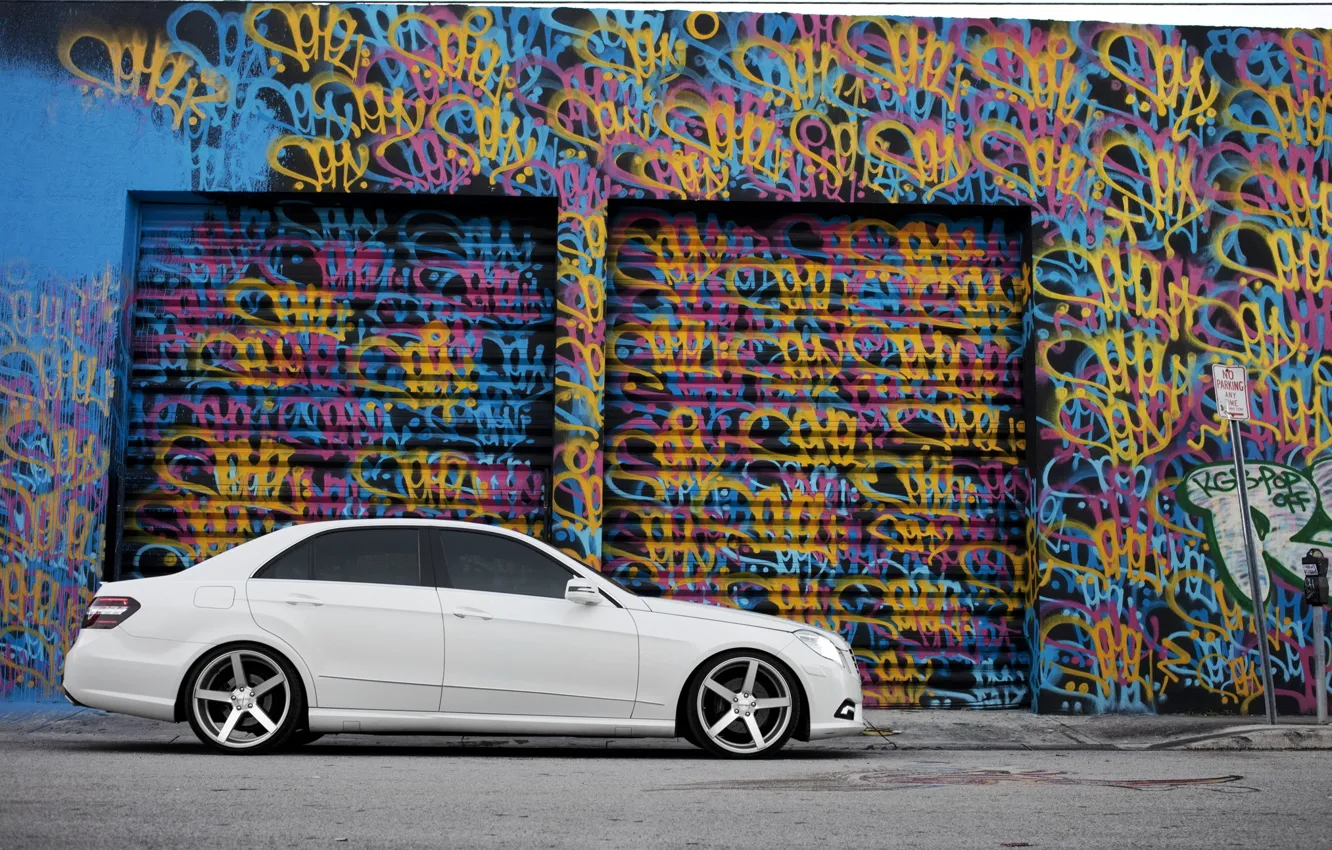 Photo wallpaper white, graffiti, tuning, Mercedes, side, tinted, E Class