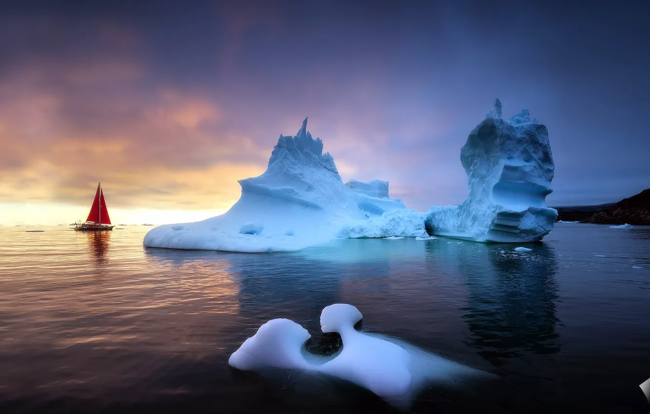 Photo wallpaper sea, sailboat, iceberg