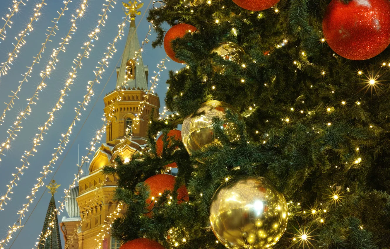 Photo wallpaper balls, Christmas, Moscow, New year, tree, Russia, Red square, garland