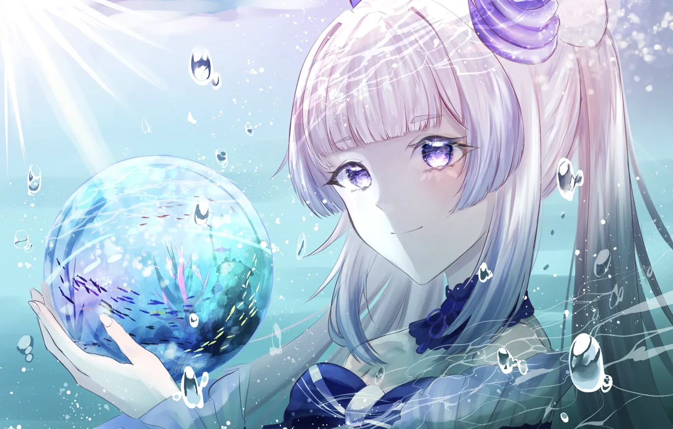 Photo wallpaper girl, balls, under water, goddess, Genshin Impact, Sangonomiya Kokomi