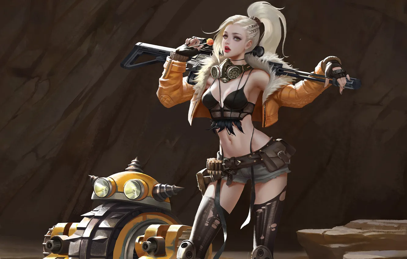 Photo wallpaper look, girl, pose, weapons, art, blonde, tail, sci-fi