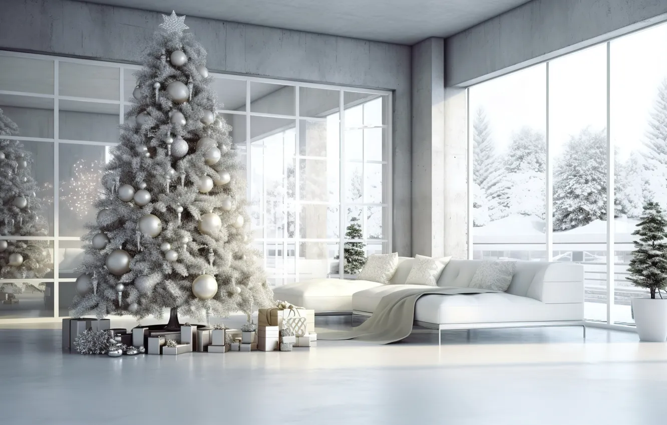 Photo wallpaper winter, decoration, room, gift, balls, tree, new year, interior