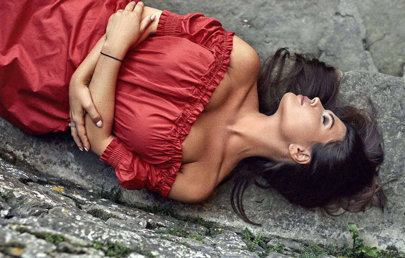 Photo wallpaper girl, pose, hands, neckline, red dress, shoulders, closed eyes, Anton Artyushin