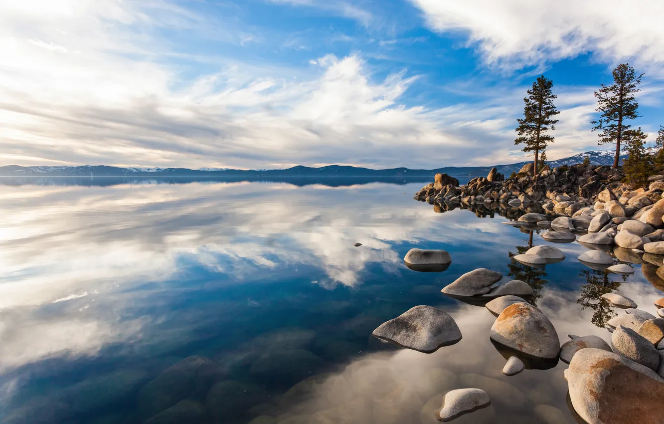 Photo wallpaper water, clouds, lake, reflection, stones, Nevada, Carson City County