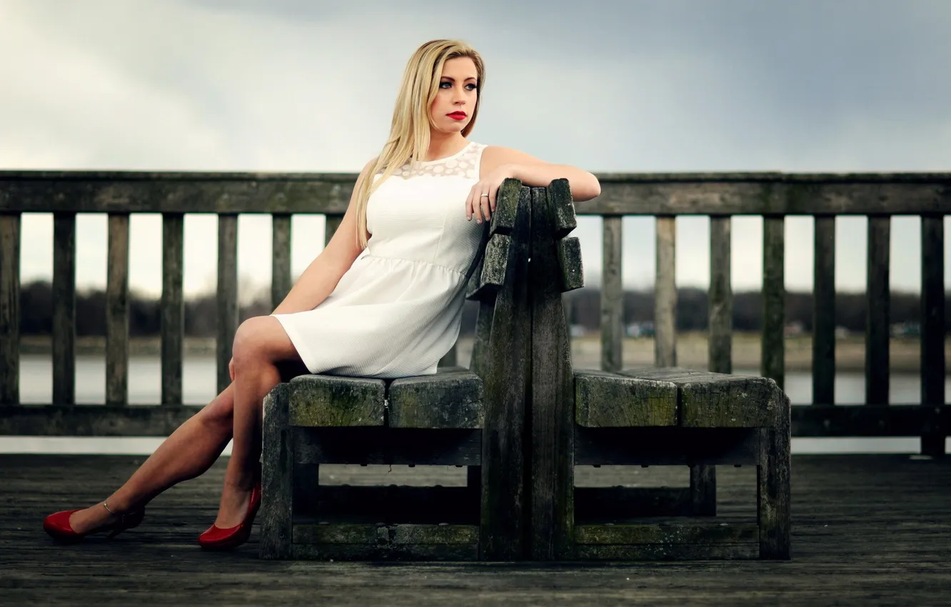 Photo wallpaper girl, background, bench