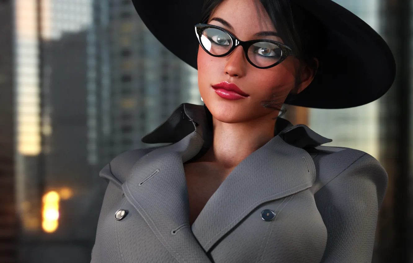 Photo wallpaper look, girl, face, rendering, hat, glasses