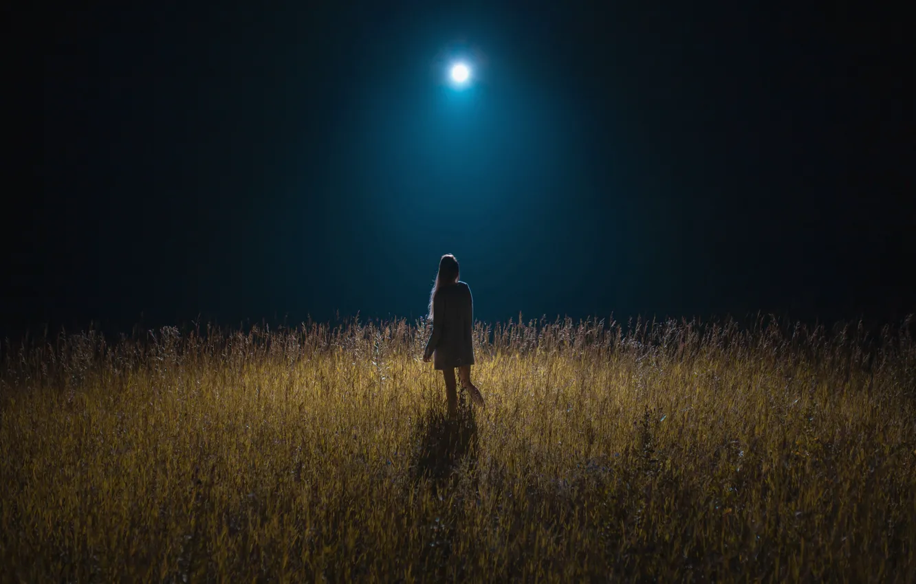 Photo wallpaper wallpaper, girl, moon, field, girls, nature, night, mood