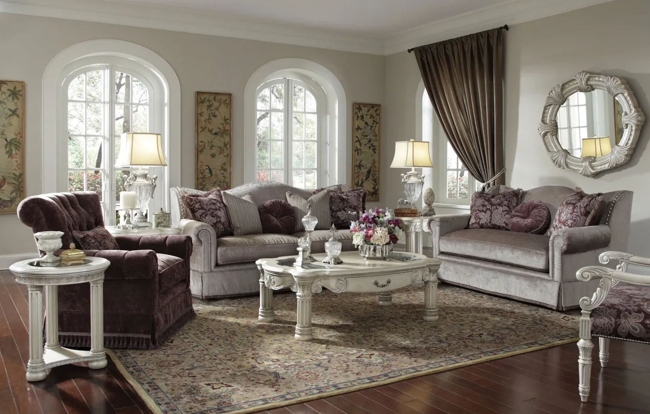 Photo wallpaper flowers, design, style, sofa, pillow, mirror, window, table