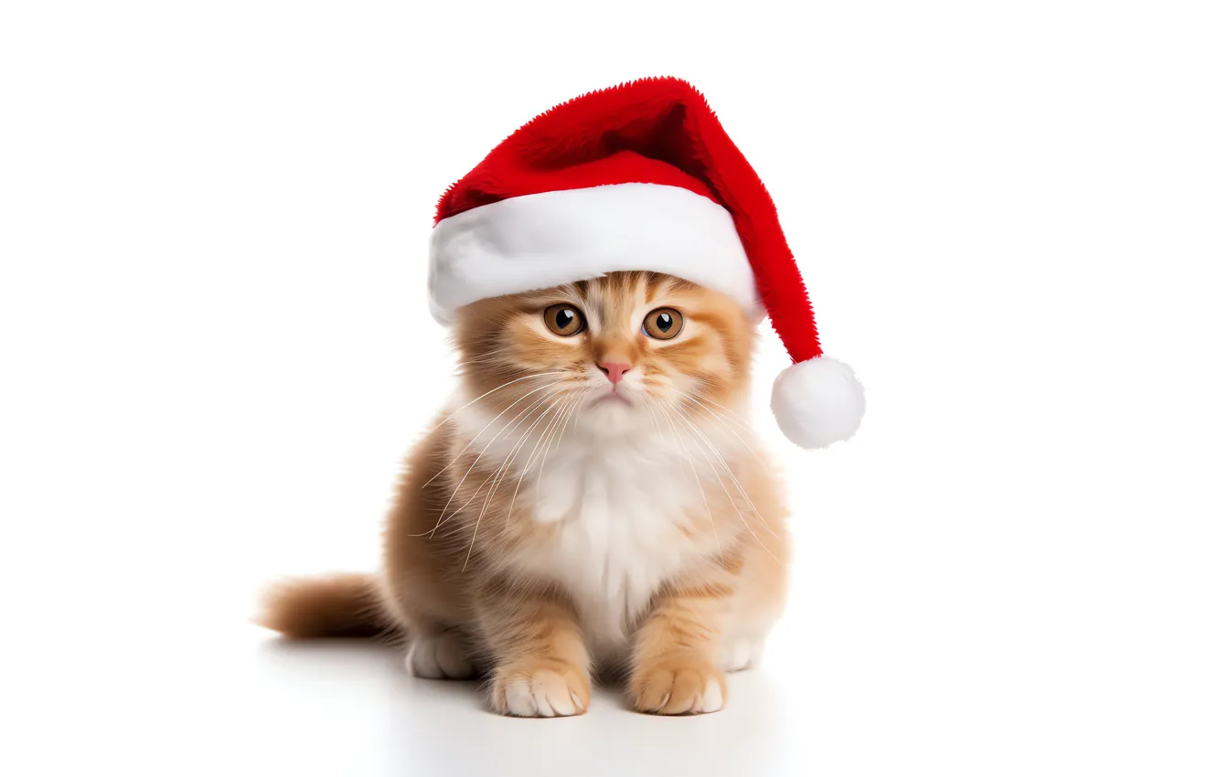 Photo wallpaper cat, look, sweetheart, new year, small, baby, Christmas, white background