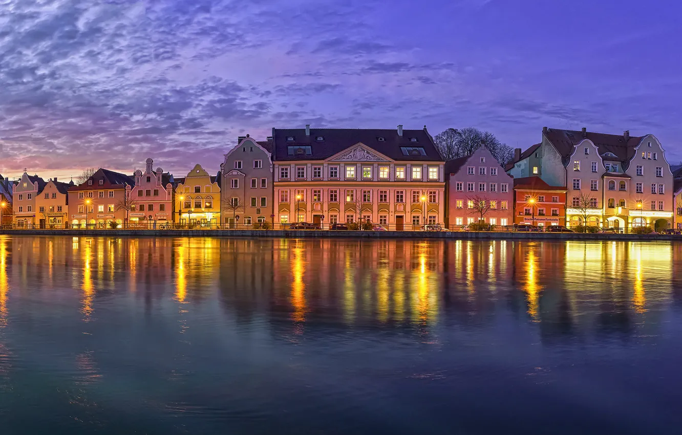 Photo wallpaper the sky, lights, river, home, the evening, Germany, Bayern, lights