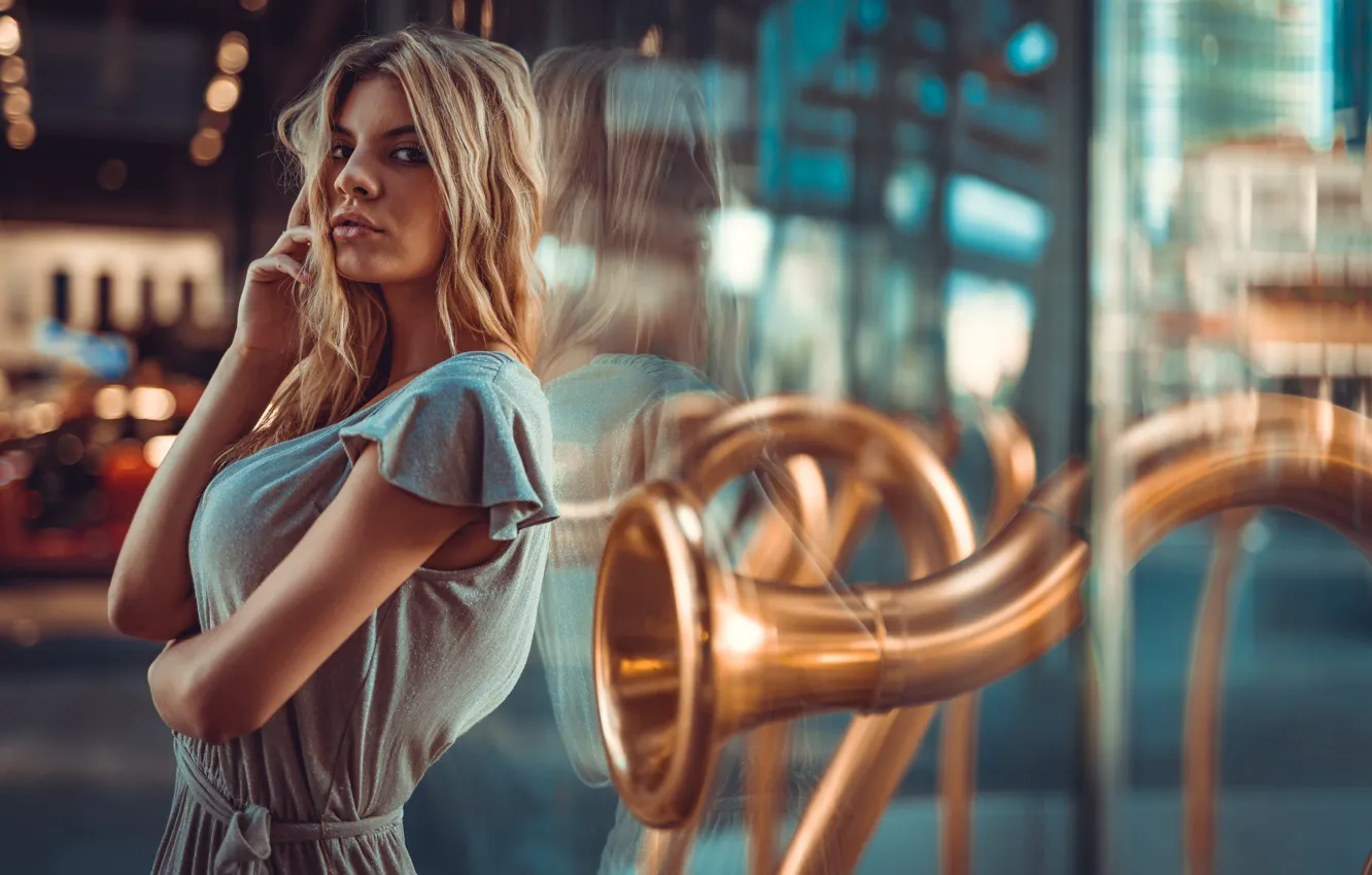 Photo wallpaper look, glass, girl, reflection, hands, Marco Squassina, Sofia Beautiful