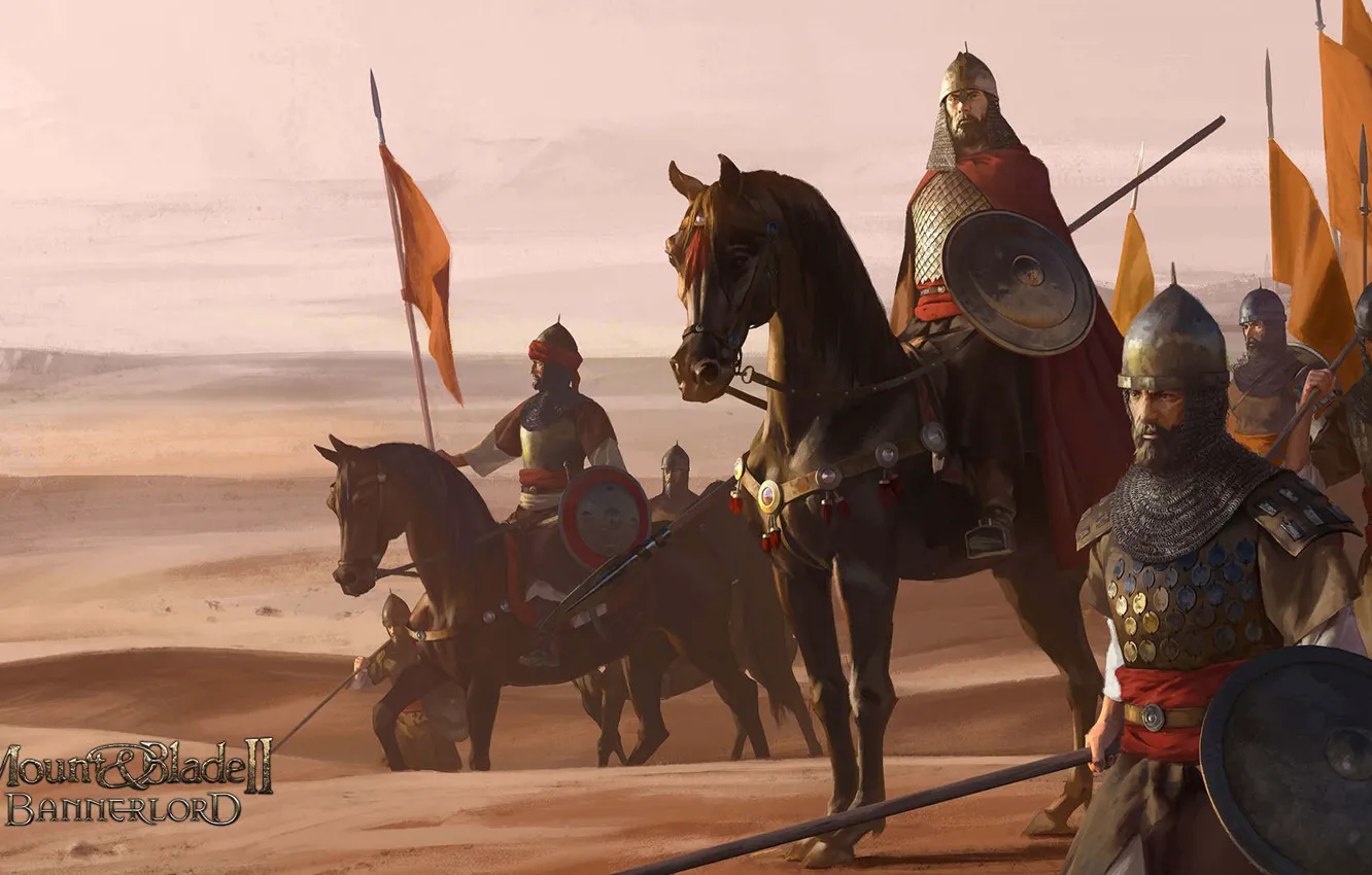 Photo wallpaper The game, Desert, Horse, Warrior, Soldiers, Art, Mount & Blade, The middle ages