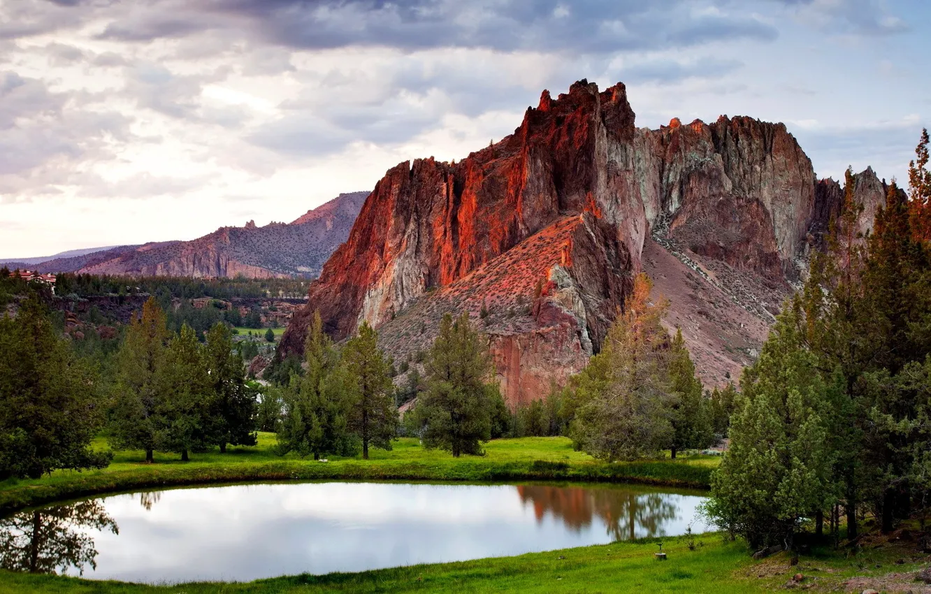 Photo wallpaper the sky, clouds, trees, mountains, lake