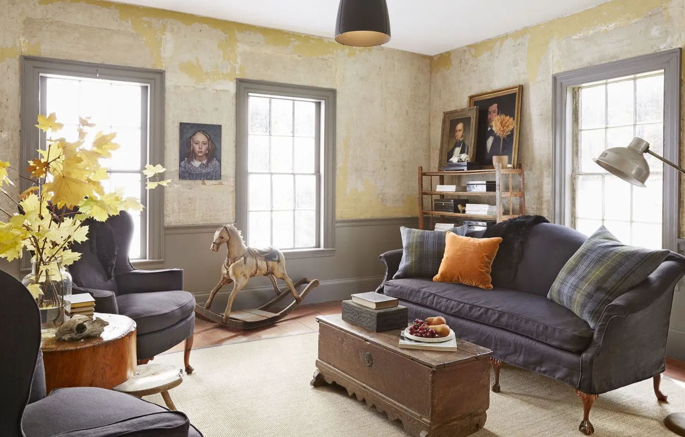 Photo wallpaper design, style, room, interior, living room, Great Britain, Velikobritaniya, New Hampshir Farmmhouse