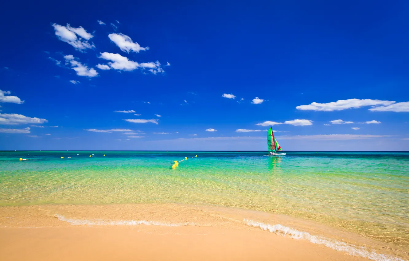 Photo wallpaper sand, beach, the sky, clouds, boat, The ocean, horizon, the buoys