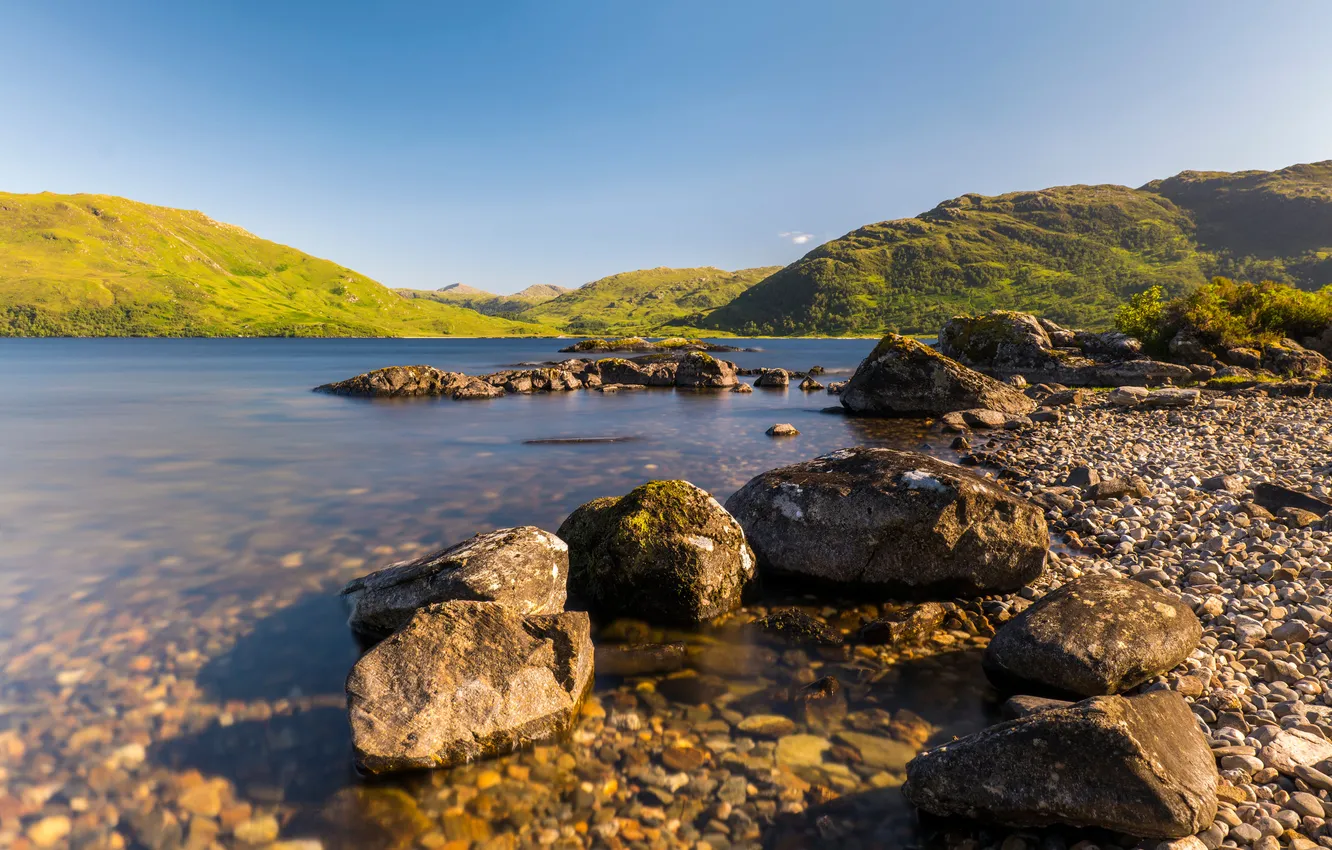 Photo wallpaper mountains, lake, stones