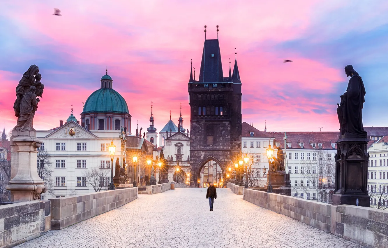 Photo wallpaper tower, morning, Prague, Czech Republic, lights, Charles bridge
