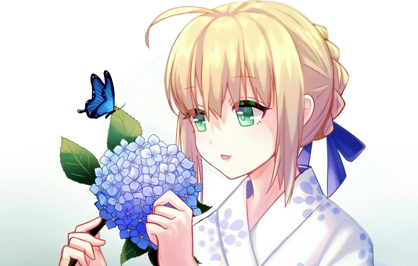 Photo wallpaper girl, flowers, saber, hydrangea, Fate stay night, Fate / Stay Night