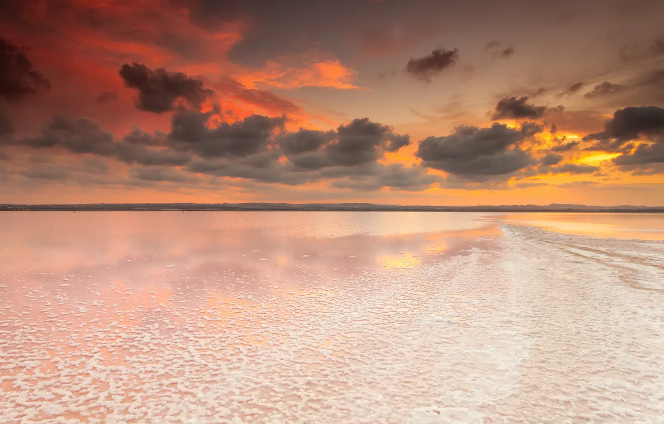 Photo wallpaper the sky, clouds, dawn, Spain, Valencia, salt lake, Salinas of Torrevieja