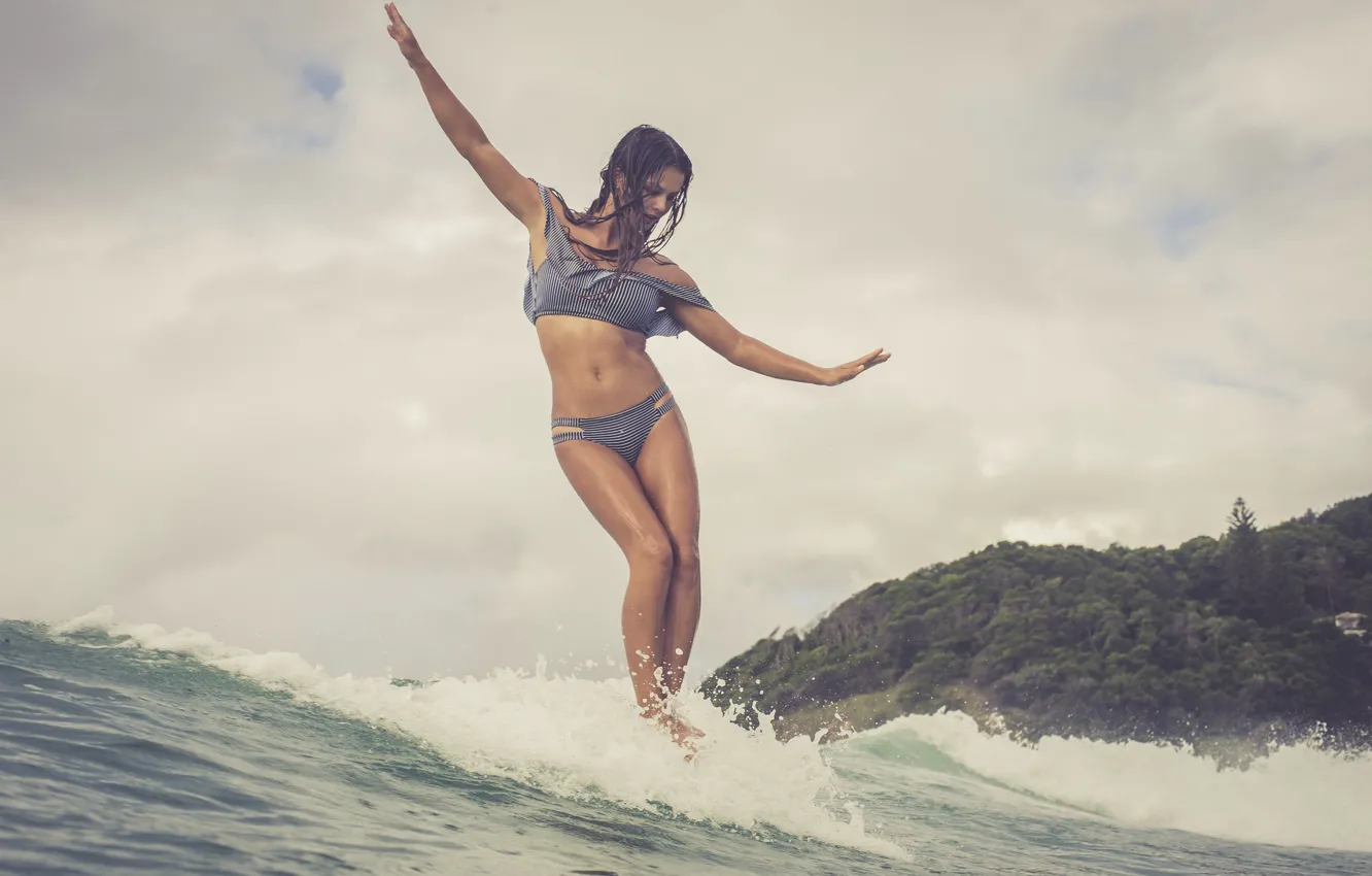 Photo wallpaper girl, the ocean, wave, Surfing