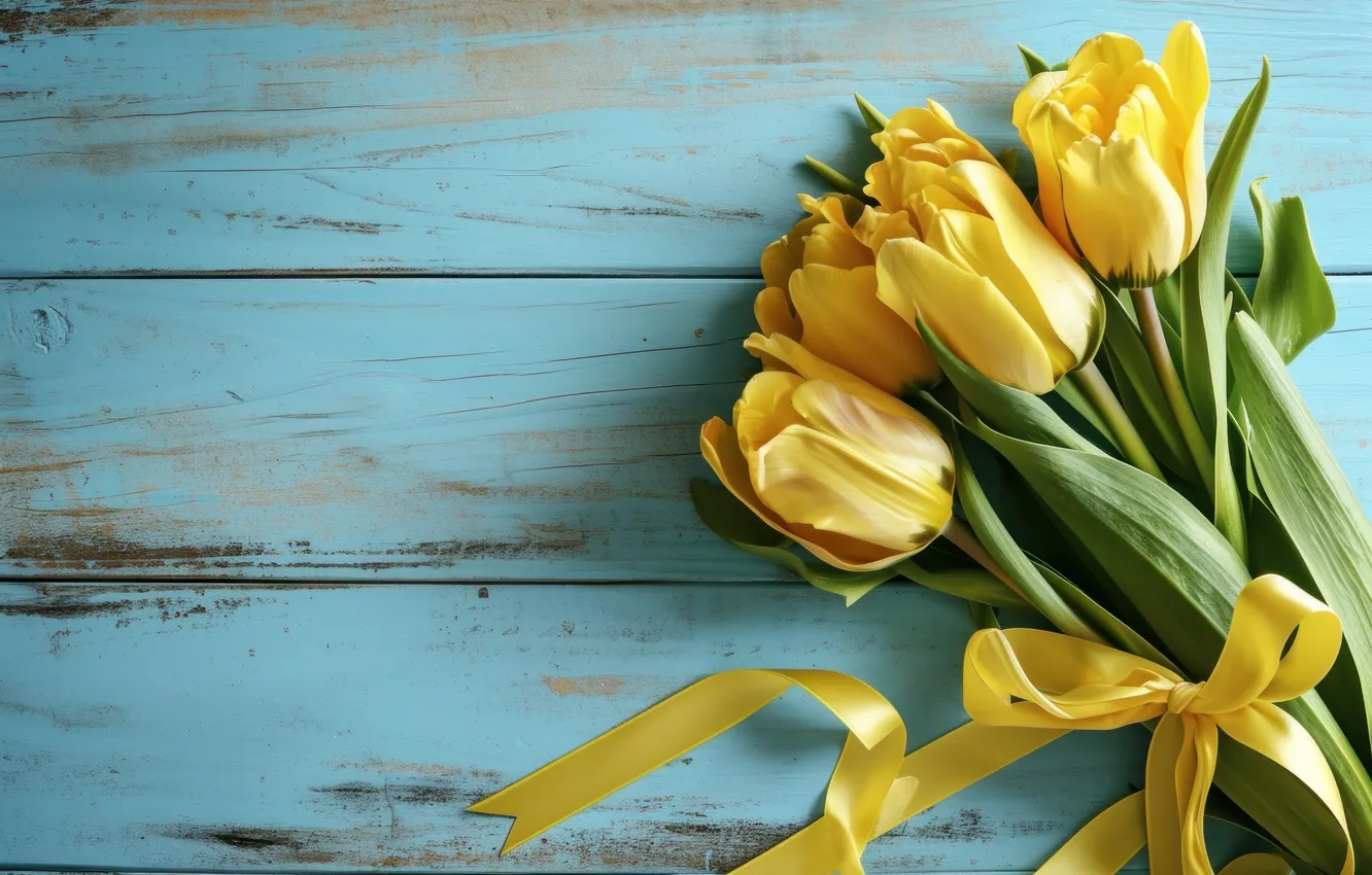 Wallpaper flowers, holiday, gift, bouquet, yellow, tulips, blue ...