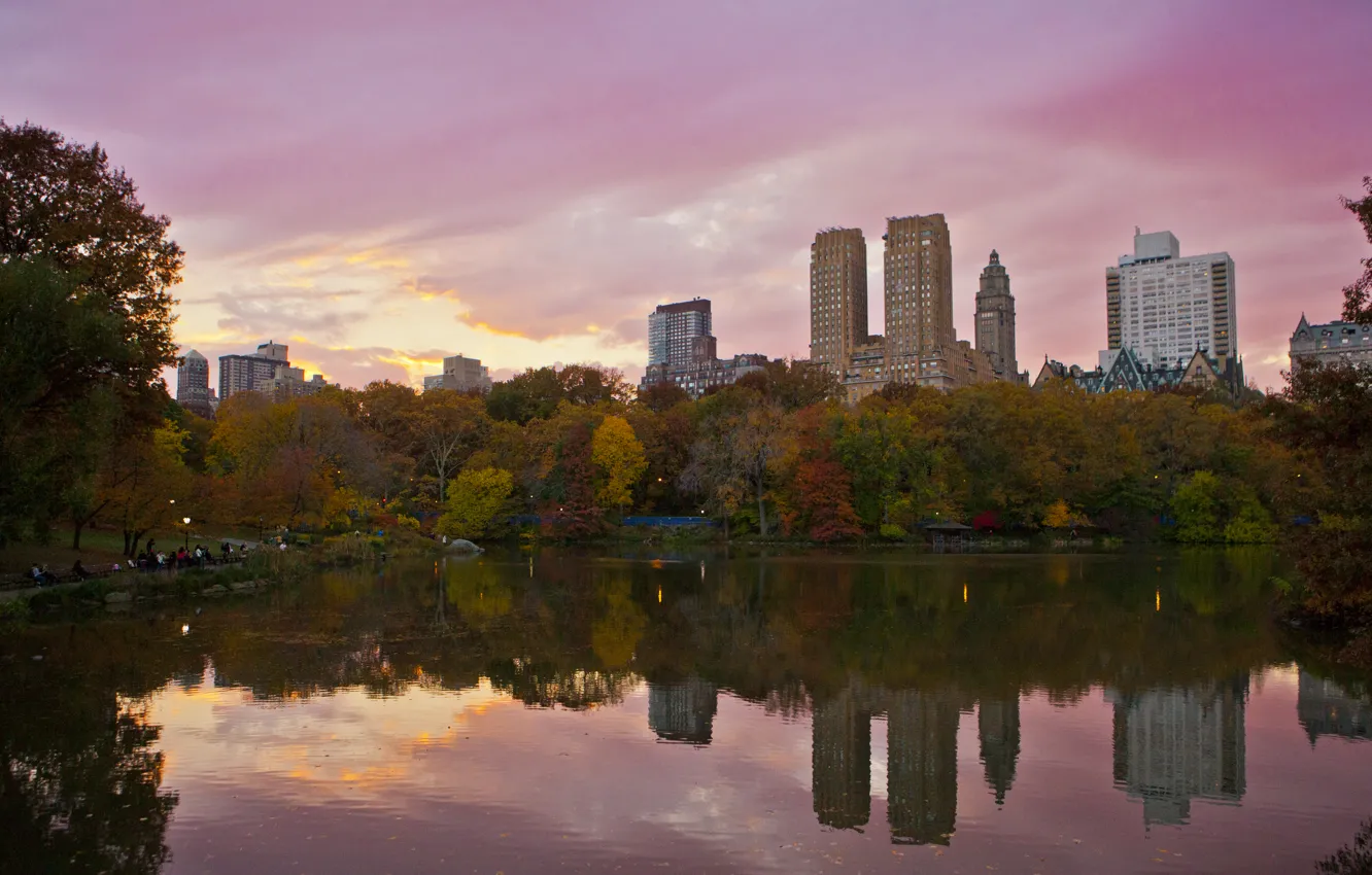Photo wallpaper USA, skyline, trees, sunset, New York, Manhattan, NYC, New York City