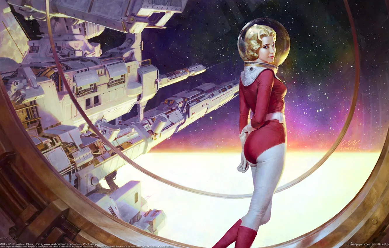 Photo wallpaper girl, space, space station, starship, Zezhou Chen