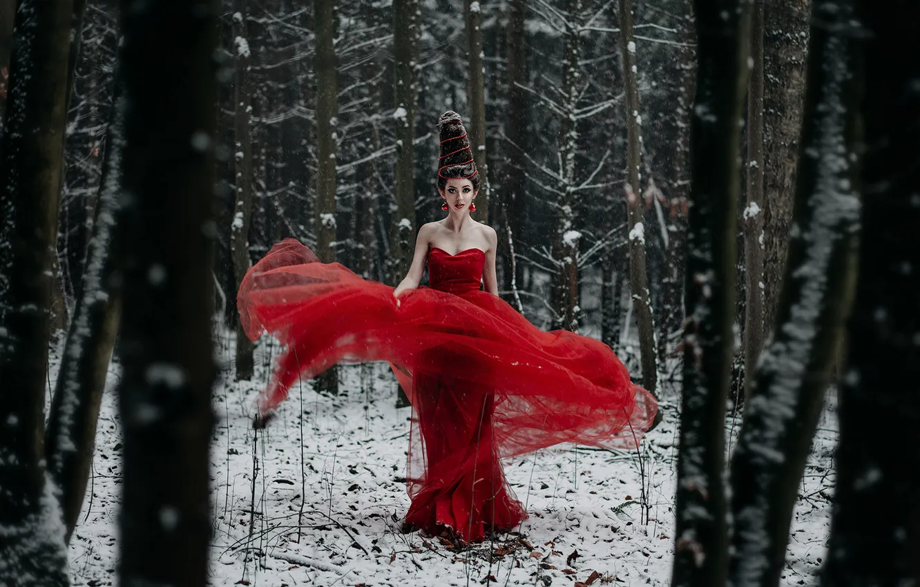 Photo wallpaper winter, forest, look, girl, snow, nature, pose, style